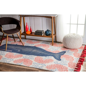 Flatweave Cotton Fabled Whale Area Rug, Multi, 2'8"x8'