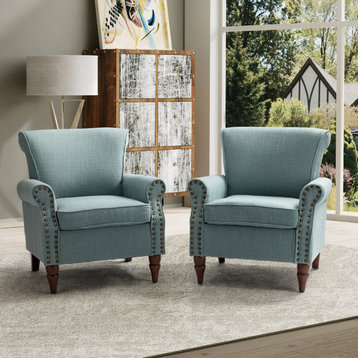 32.5" Wooden Upholstered Accent Chair With Arms Set of 2, Blue