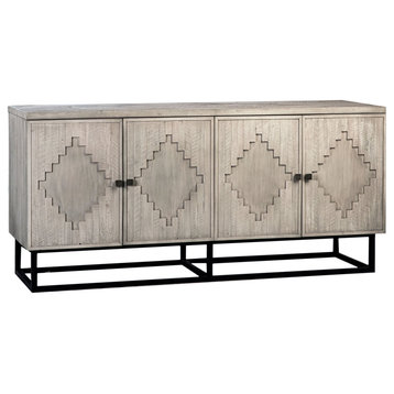 Clancy 68" Light Grey Acacia and Matte Black Iron Hand Carved 4-Door Sideboard
