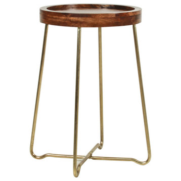 East at Main 16-inch Gold Iron and Natural Wood Round Accent Table