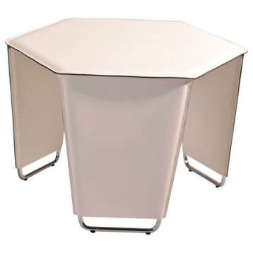 End Table, White Recycled Leather Upholstery and Chrome Legs