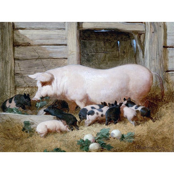 Tile Mural, A Sow and Her Litter By John Frederick Herring Ceramic, Glossy