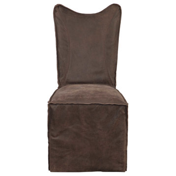 Leather Suede Side Dining Chair, Set of Dark Brown, Set of 2, Slipcover