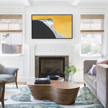 Light-Filled Living Room with Beamed Ceiling and Modern Layers