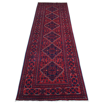Deep Red, Afghan Khamyab Soft Wool Hand Knotted Runner Rug, 2'8"x9'4"
