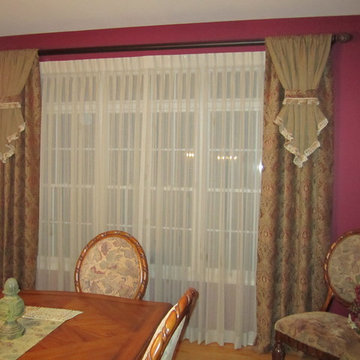 Gathered Panels with Contrast Flips on Decorative Wood Pole over Pleated Sheer D