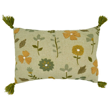Down Filled Throw Pillow With Embroidered Floral Design, 16"x24", Green