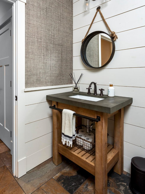 Badezimmer mit Beton-Waschbecken/Waschtisch und Waschtischkonsole Ideen