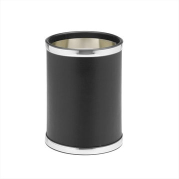 Kraftware Sophisticates Round Wastebasket, Black With Polished Chrome