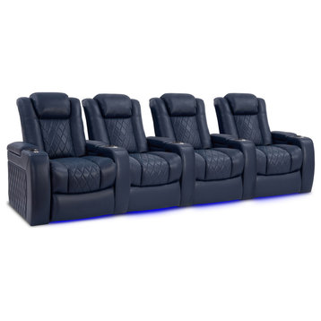 Tuscany Leather Home Theater Seating, Navy Blue, Row of 4