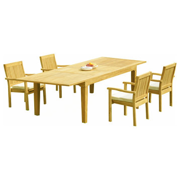 5-Piece Outdoor Teak Dining Set: 122" Rectangle Table, 4 Lev Stacking Arm Chairs