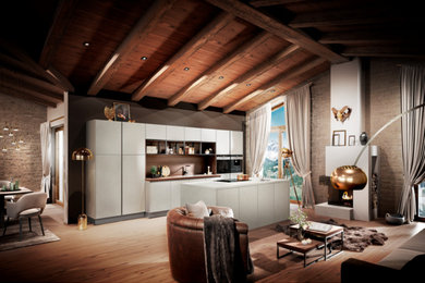 Eat-in kitchen - mid-sized modern galley medium tone wood floor and brown floor eat-in kitchen idea in Calgary with a single-bowl sink, flat-panel cabinets, beige cabinets, concrete countertops, brown backsplash, wood backsplash, black appliances, an island and beige countertops