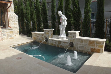 ヒューストンにある小さなトランジショナルスタイルのおしゃれな裏庭プール (噴水) の写真