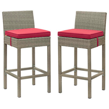 Contemporary Outdoor Patio Bar Stool Chair, Set of Two, Fabric Rattan, Red