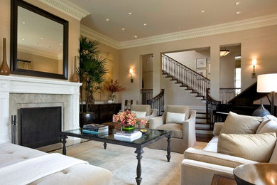 Example of a large transitional formal and open concept medium tone wood floor living room design in San Francisco with beige walls, a standard fireplace, a stone fireplace and a concealed tv