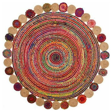 Bohemian Round Area Rug, Jute With Spiral Pattern & Circle Accents, Multi, 7'