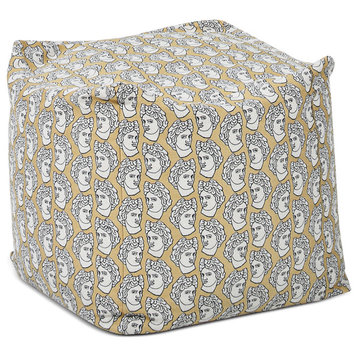 Pouf 23" Oversized Bean Bag Embroidery Cube Ottoman, Apollo Bust Gold & Cream