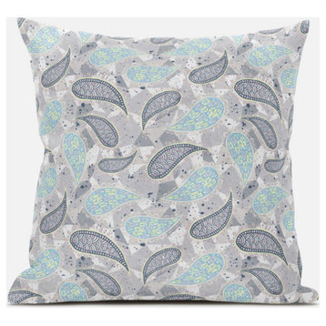 20" Gray Turquoise Boho Paisley Zippered Suede Throw Pillow