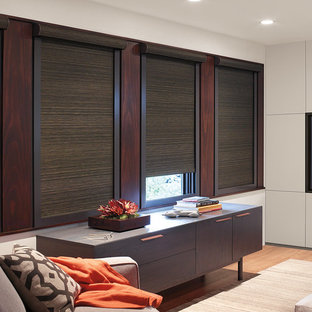 Medium sized contemporary enclosed home cinema in Indianapolis with white walls and a built-in media unit.