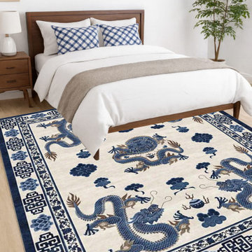 Tibetan Wool Rug Hand-Knotted Blue & White Chinese Dragon Design 9x12, 10x14, 12