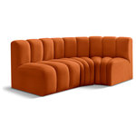 Meridian Furniture - Arc Velvet Upholstered 3-Pc. L-Shaped Modular Sectional, Cognac - Give your living room or den the perfect blend of style and versatility with this Arc velvet fabric curved modular Sectional. Part of the Arc modular furniture collection, this Sectional comes upholstered in rich cognac velvet fabric and features deep channel tufting that adds a touch of luxury while enhancing comfort and support. A seamless combination of form and function, this chair can be used with other Arc pieces to create a myriad of configurations in your well-curated room.
