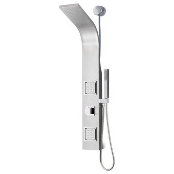 Aura 2-Jetted Shower Panel With Heavy Rain Shower and Spray Wand, Brushed Steel