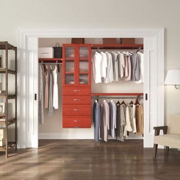 Solid Wood Walk-In Closet Organizer with 4-Drawers and 2-Doors, Red Mahogny