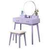 Contemporary Vanity Set, Table With Angled Tapered Legs & Round Mirror, Purple