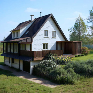 Aménagement extérieur d'une maison : façade, terrasse et pergola