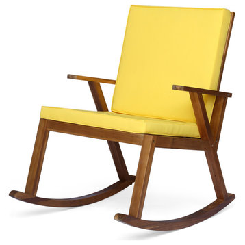Andy Outdoor Acacia Wood Rocking Chair With Water-Resistant Cushions, Teak/Yellow Cushion, Single