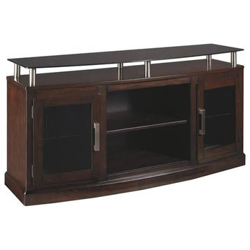 Modern TV Console, Raised Black Glass Shelf, 2 Glass Cabinet Doors, Deep Brown