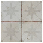 Merola Tile - Kings Star White Ceramic Floor and Wall Tile - Imported from Spain, our Kings Star White Ceramic Floor and Wall Tile radiates old-world European elegance. This encaustic-inspired tile features a unique, low-sheen glaze in faded antique white tones with centered pale light grey patterns in each square. Designed by interior architect and furniture designer Francisco Segarra, this tile is a true reflection of vintage industrial design. Realistic imitations of scuffs and spots that are the marks of well-loved, worn, century-old tile bring rustic charm to any interior setting. These rustic scuffs and spots convince that this tile is truly aged. Available in 9 print variations that are randomly scattered throughout each case, the variation throughout each tile mimics an authentic aged appearance. Save time and labor spent arranging smaller square tiles and instead install these durable ceramic slabs, which have four squares separated by scored grout lines. The scored grout lines can be grouted with the color of your choice, or left ungrouted for a rugged finish. It’s durable and glazed features make this tile an ideal choice for indoor commercial and residential use, including kitchens, bathrooms, showers and entryways. Tile is the better choice for your space. This tile is made from natural ingredients, making it a healthy choice as it is free from allergens, VOCs, formaldehyde and PVC.