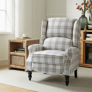 Modern Push-Back Plaid Recliner with Rolled Armrest, Plaid Gray