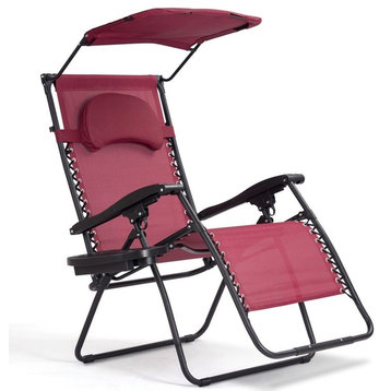 Folding Recliner Lounge Chair With Shade Canopy Cup Holder, Wine