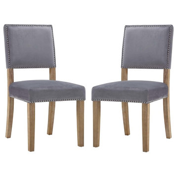 Modern Dining Side Chair, Set of 2, Velvet Fabric Wood, Gray