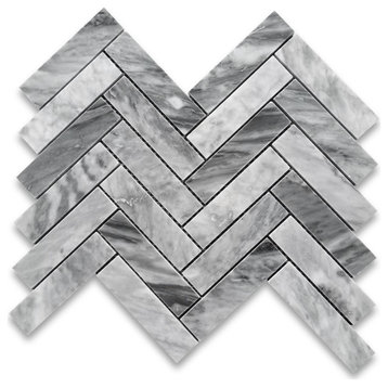 Bardiglio Gray Marble 1x4 Herringbone Mosaic Tile Polished, 1 sheet