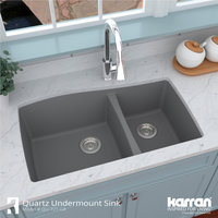 Karran Undermount Quartz 33" 60/40 Double Bowl Kitchen Sink, Grey