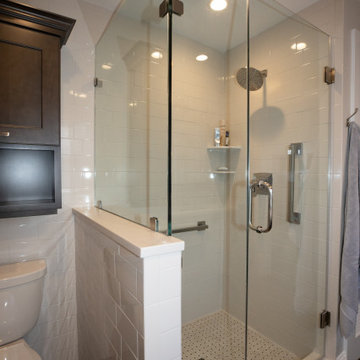 Sleek Contemporary Master Bathroom | Dark Vanity & Frameless Shower