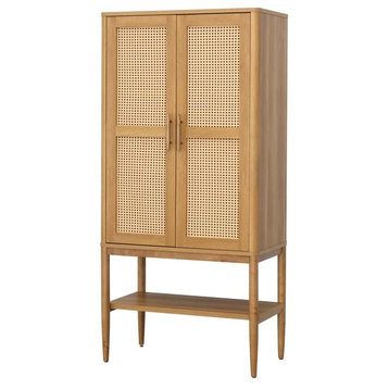 Tall Storage Cabinet, Doors With Rattan Front & Adjustable Shelves, Light Honey