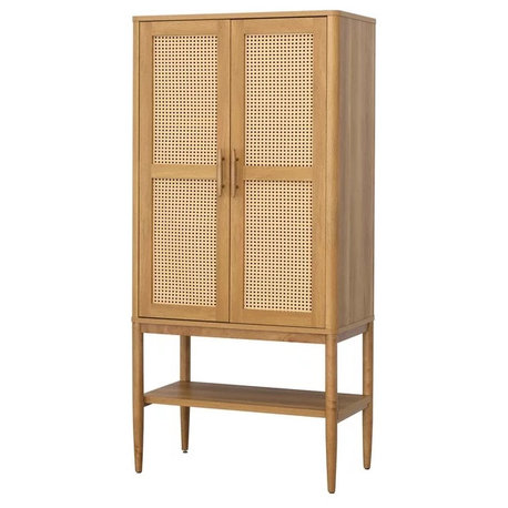 Elegant Tall Cabinet with Decorative Rattan Doors and Adjustable Shelves, Light Honey