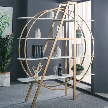 White and Gold Round Bookcase 4-Tier Bookshelf Modern Display Shelf