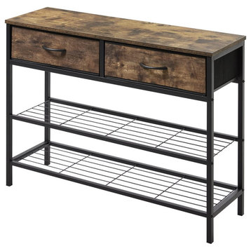 Rectangular 3-Tier Console Entryway Table with 2 Fabric Drawers, Rustic Brown