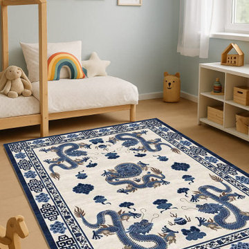 Tibetan Wool Rug Hand-Knotted Blue & White Chinese Dragon Design 9x12, 10x14, 12