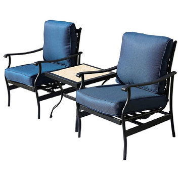 3 Piece Patio Set, Metal Chairs With Cushioned Seat and Back, Square Tabletop