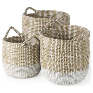 Set of Three Beige and White Storage Baskets