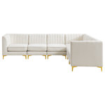 Meridian Furniture - Alina Velvet Modular L-Shaped Modular Sectional, Cream, 6-Piece: 3 Armless Chair, 3 Corner Chair - Bring modern beauty to your space with the addition of this Alina Velvet Modular sectional. This beautiful sectional features deep channel tufting to ramp up its visual interest and add to its resilient demeanor. Its soft cream velvet upholstery blends nicely with existing elements in your room and is sleek to the touch, making this seat a super comfortable one. Part of the modular Alina collection, this sectional has a latch that attaches it to other pieces to create your custom seating arrangement.