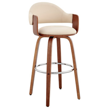 Daxton Faux Leather and Wood Bar Stool, Cream and Walnut, 30"