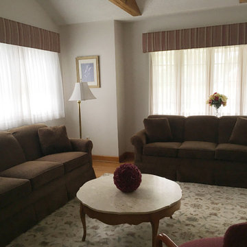 Custom Upholstered Cornices over Custom Pinch Pleated Sheers, Custom Area Rug