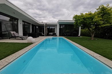 Großer Moderner Pool neben dem Haus in rechteckiger Form mit Pool-Gartenbau und Natursteinplatten in Frankfurt am Main