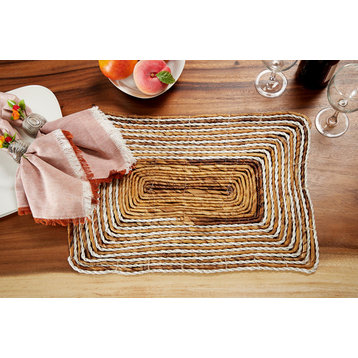 Rectangular Striped White and Natural Banana Leaf Wicker Placemats, Set of 4